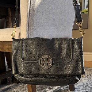 Tory Burch Black Leather Shoulder Bag with Gold Hardware
